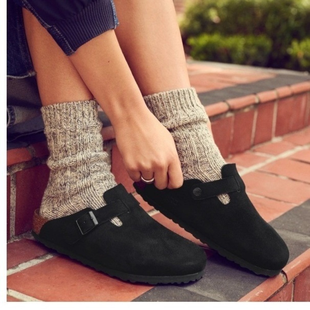 Birkenstock Boston Soft Footbed Black Suede Clogs Mules Womens 39 L8 M6
